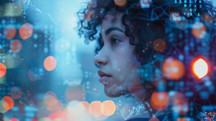 Fototapeta premium Thoughtful American Woman with Curly Hair, Double Exposure with Code and Data Visualizations in Vibrant Blue Hues, Illuminated by City Lights.