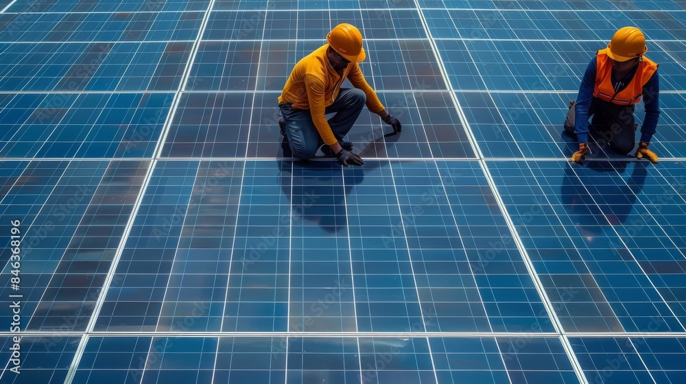 Poster Installation workers are installing solar panels, top view. Generative AI.
