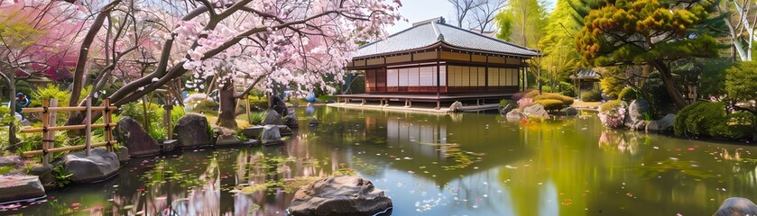 A scenic Japanese garden with a traditional wooden house, cherry blossoms, a pond, and lush greenery.