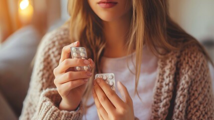 Navigating Health Choices: Thoughtful Girl Weighing Treatment Decisions, Grasping Pills in woman's hands
