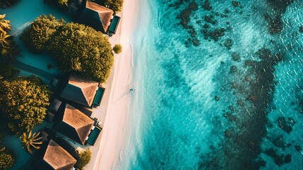 Maldives paradise island Tropical aerial landscape seascape panorama water bungalows villas Amazing sea reef beachfront Exotic tourism destination summer vacation wide background Aeria : Generative AI