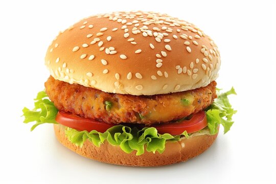 Classic McAloo Tikki burger with sesame seed bun crisp lettuce and tomato on a white background