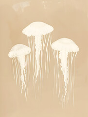 Ethereal White Jellyfish Floating on a Beige Abstract Background..