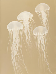 Ethereal White Jellyfish Floating on a Beige Abstract Background..