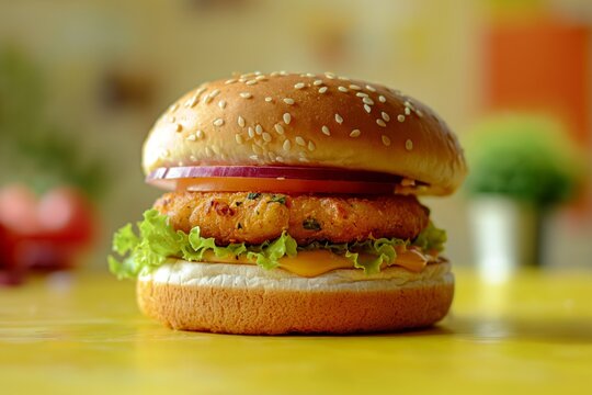 Vibrant McAloo Tikki burger topped with lettuce and cheese, presented on a yellow kitchen table