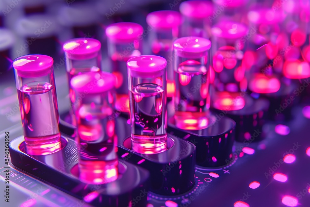 Poster glowing test tubes in a high tech lab with neon lights and futuristic scientific equipment