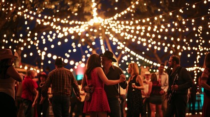 A live band plays classic Christmas tunes with a Western twist as couples dance under strings of lights hanging overhead.