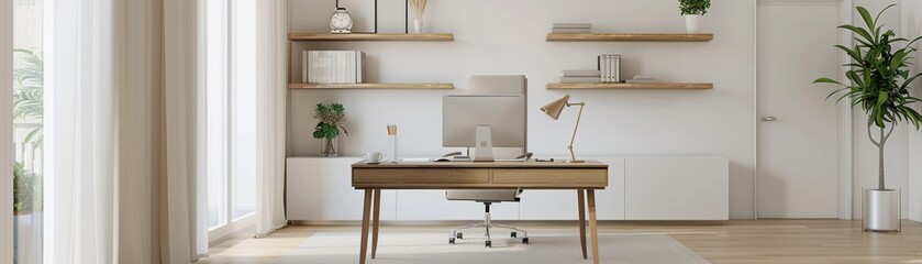 Fototapeta premium Minimalist home office with desk, shelves, and potted plant.