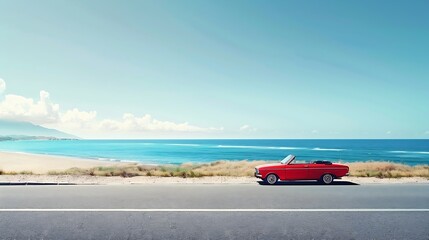 Red car driving in panoramic road landscape by the beach Highway panorama on ocean beach its nice to drive on the beach side highway Road view on the coast on way to summer vacation : Generative AI