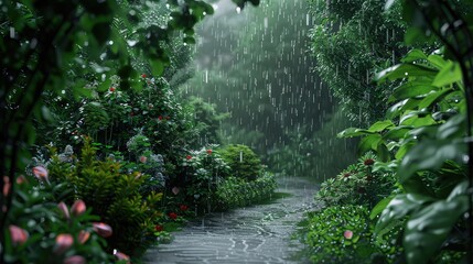 Fototapeta premium Dense, vibrant green foliage surrounds a narrow, water-filled path during a heavy downpour, suitable for tranquil or dramatic environment visualizations.
