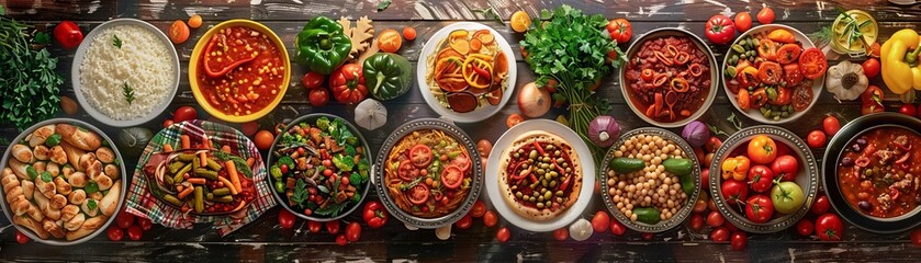 A top-down depiction of Canadian cuisine, showcasing a colorful array of diverse dishes that reflect cultural fusion Emphasize traditional recipes and food heritage with intricate details