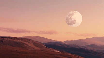 Full moon rising over a serene hillside casting a gentle glow on the landscape at dusk : Generative AI