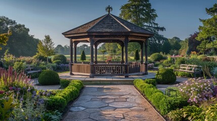 Obraz premium Large hexagonal gazebo provides shade for seating formal garden