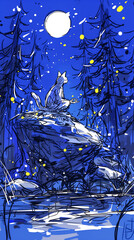 Croquis numérique stylisé  d'un chat blanc qui médite sous un ciel étoilé.