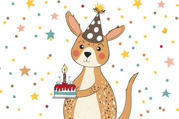 Fototapeta premium Cheerful Kangaroo Celebrating Birthday with Cake and Party Hat on Colorful Starry Background