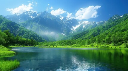 Beautiful mountain landscape with a serene lake surrounded by lush greenery and clear blue skies, perfect for nature and outdoor enthusiasts.