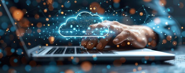 man use Laptop with cloud computing diagram show on hand Cloud technology Data storage Networking and internet service conceptCloud symbols