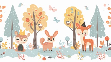 A group of woodland animals including a rabbit, a deer