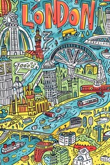 Obraz premium Vibrant Hand Drawn Sketchnote Style Travel Map of London Highlighting Key Landmarks and Cityscape