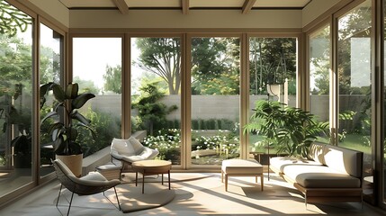 Fototapeta premium A sunroom with a modern minimalist design, featuring sleek furniture, neutral tones, and large windows offering a view of the garden