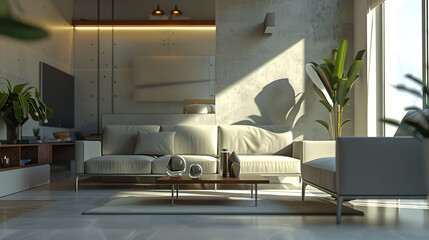 A sleek interior design featuring clean lines and contemporary furnishings, captured in high-definition