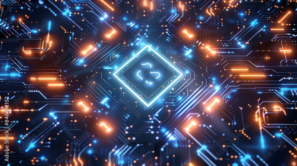 Fototapete blue background, circuit board pattern with glowing neon lines forming the shape of an isometric squ
