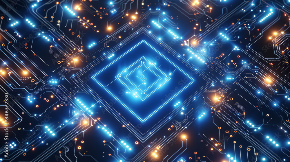 Fototapete Blue background, circuit board pattern with glowing neon lines forming the shape of an isometric square in the center of the composition, futuristic and high-tech style. Generative AI.