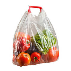 Fresh Vegetables in a Transparent Plastic Bag with Red Handle Isolated on White Background