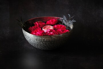 Red Roses Bouquet in a Silver Bowl 