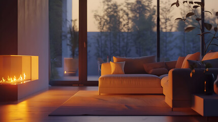 A sleek living room with a comfortable modern sofa and a glowing fire, captured in HD quality