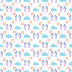 Seamless pattern of rainbows, flowers and pastel clouds.