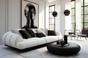 Modern living room sofa couch design interior. Modern living room with design furniture sofa couch light interior furniture white black relax in luxury cocooning 
