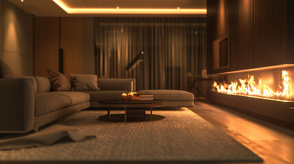 A sleek living room with a comfortable modern sofa and a glowing fire, captured in HD quality