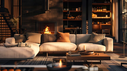 A sleek living room with a contemporary sofa and a beautiful fire, creating a cozy atmosphere, captured in high definition