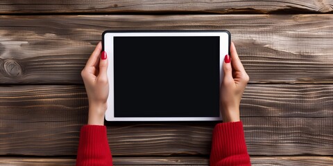 A close-up of hands holding a blank screen tablet against a rustic wooden background, showcasing modern technology juxtaposed with natural, earthy textures.