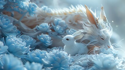 A serene dragon resting beside a gentle rabbit on a solid bright cobalt blue background - Powered by Adobe
