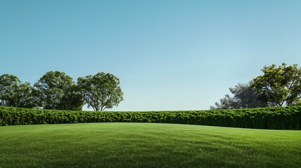 Fototapeta premium Landscape green lawn on the morning with Blue sky on the background smooth lawn with curve form of bush trees on the background under morning sunlight : Generative AI