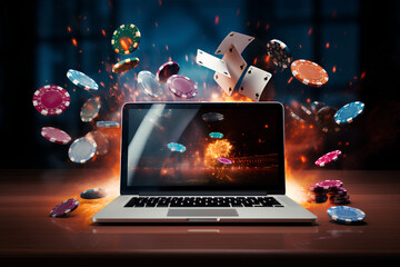 Motion blur photo of create online casino landscape poster, in dark background with casino elements
