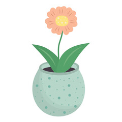 Cute flower with leaves in a pot. Vector illustration isolated on white background.