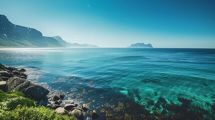 Fototapeta premium Norwegian fjord landscape View of the open sea on the Western Cape Crystal clear water glistening in the sunshine Landscape from Scandinavia : Generative AI