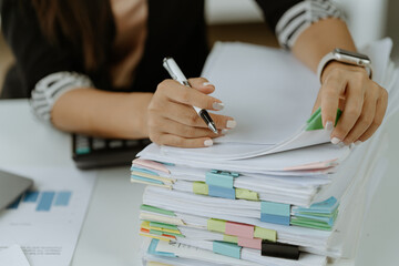 Business Documents, Auditor businesswoman checking searching document legal prepare paperwork or...