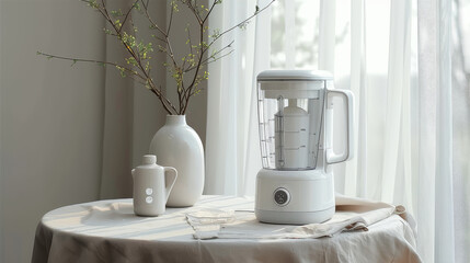 An all-white high-tech blender with touch screen and glass jar, placed on top of a white tablecloth in front of a plain background. A small vase containing some branches. Generative AI.