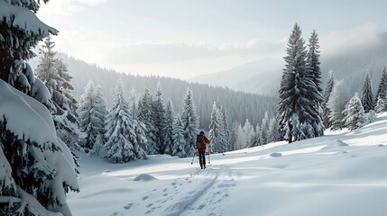 Mountaineer backcountry ski walking ski alpinist in the mountains Ski touring in alpine landscape with snowy trees Adventure winter sport Low Tatras slovakia : Generative AI