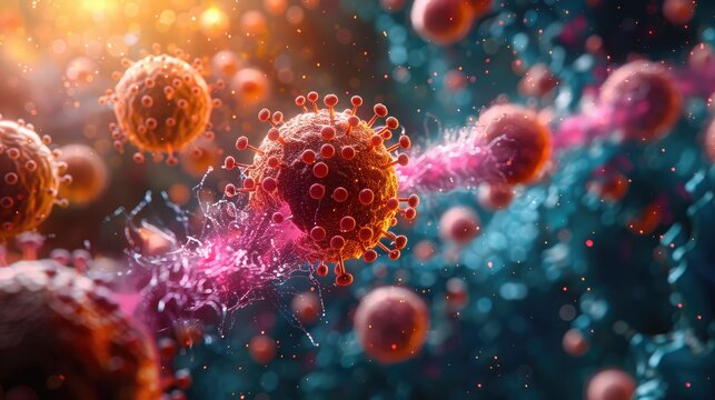 Chemotherapy drug molecules interacting with cancer cells, causing cell death