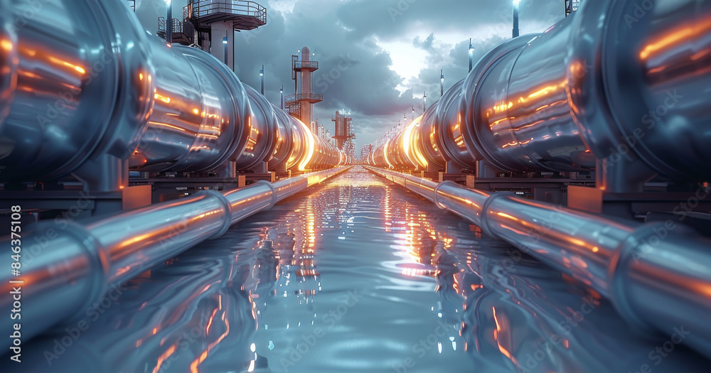 Poster A gas pipelines. Large oil pipeline and gas pipeline in the process of oil refining. Generative AI.