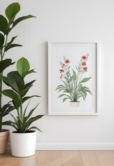 Clean Aesthetic Scandinavian style living room with decorations. plants, photo frame. 