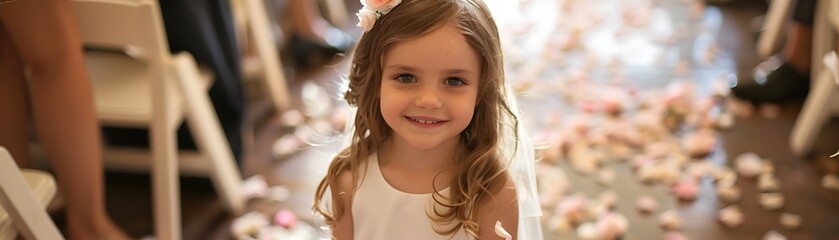 Fototapeta premium Flower Girl Scattering Petals Down the Aisle During a Wedding Ceremony