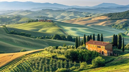 Fototapeta premium A countryside scene with rolling hills, a patchwork of fields, and a quaint farmhouse