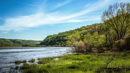 Mississippi River Lake Pepin  A scenic river landscape during spring : Generative AI