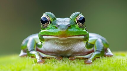  A green frog sits atop a lush, grassy area teeming with tiny drops of water Its wide-eyed gaze fixes on the viewer
